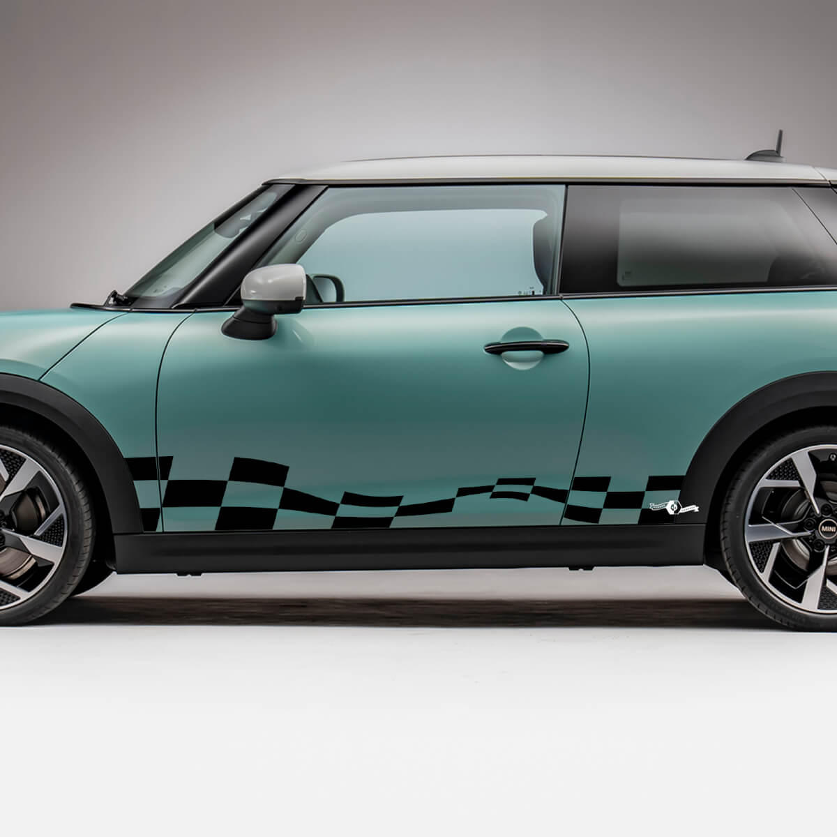 Decal grafico a scacchi con corse laterali per mini cooper s 2
