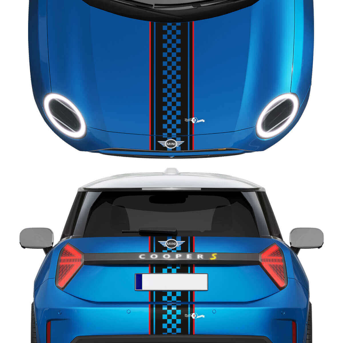 Adesivo in vinile con strisce anteriori e posteriori a scacchiera per Mini Cooper Mini Cooper S