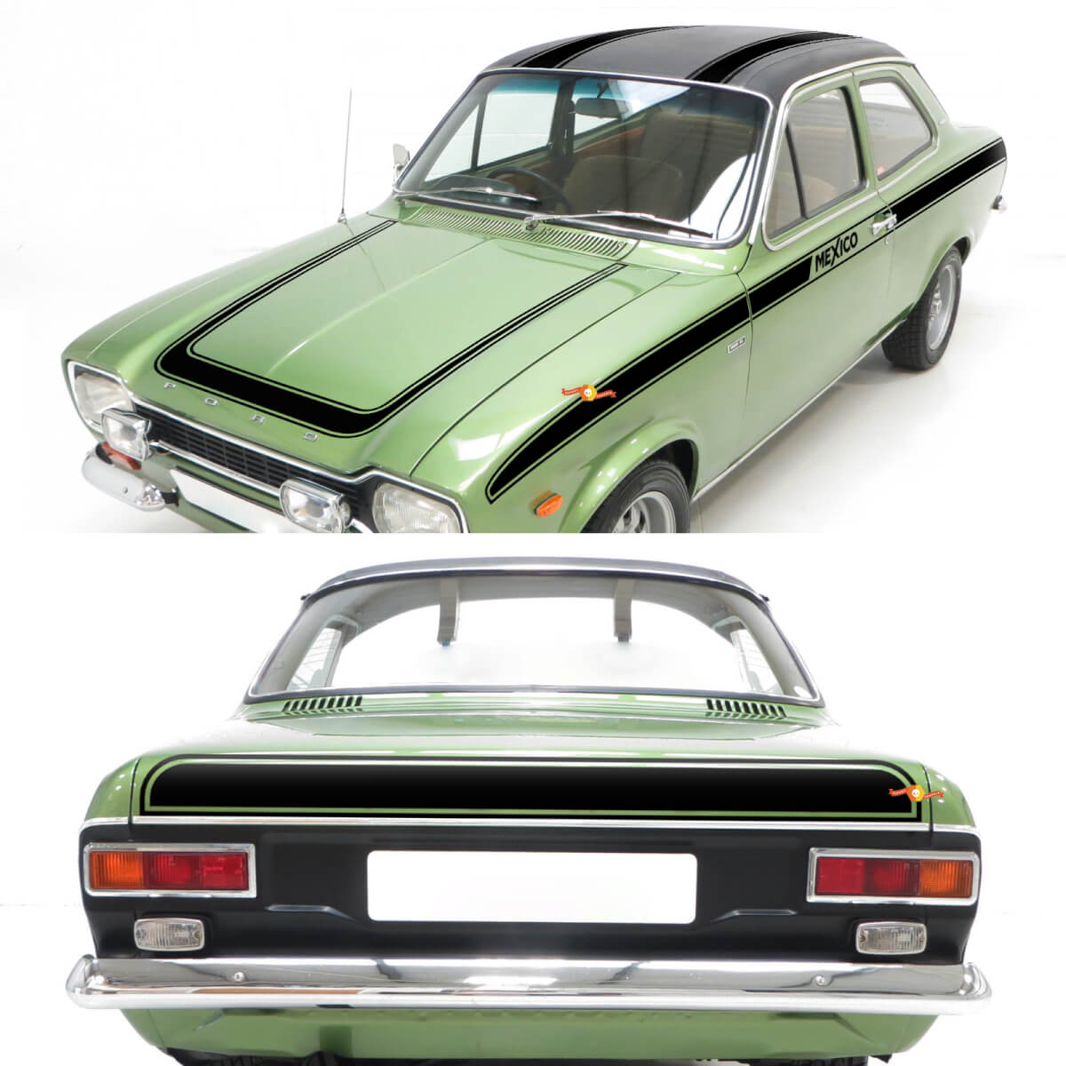 Set completo di strisce Vintage per fiancate, cofano e posteriore per Ford Escort 1970 Mexico
