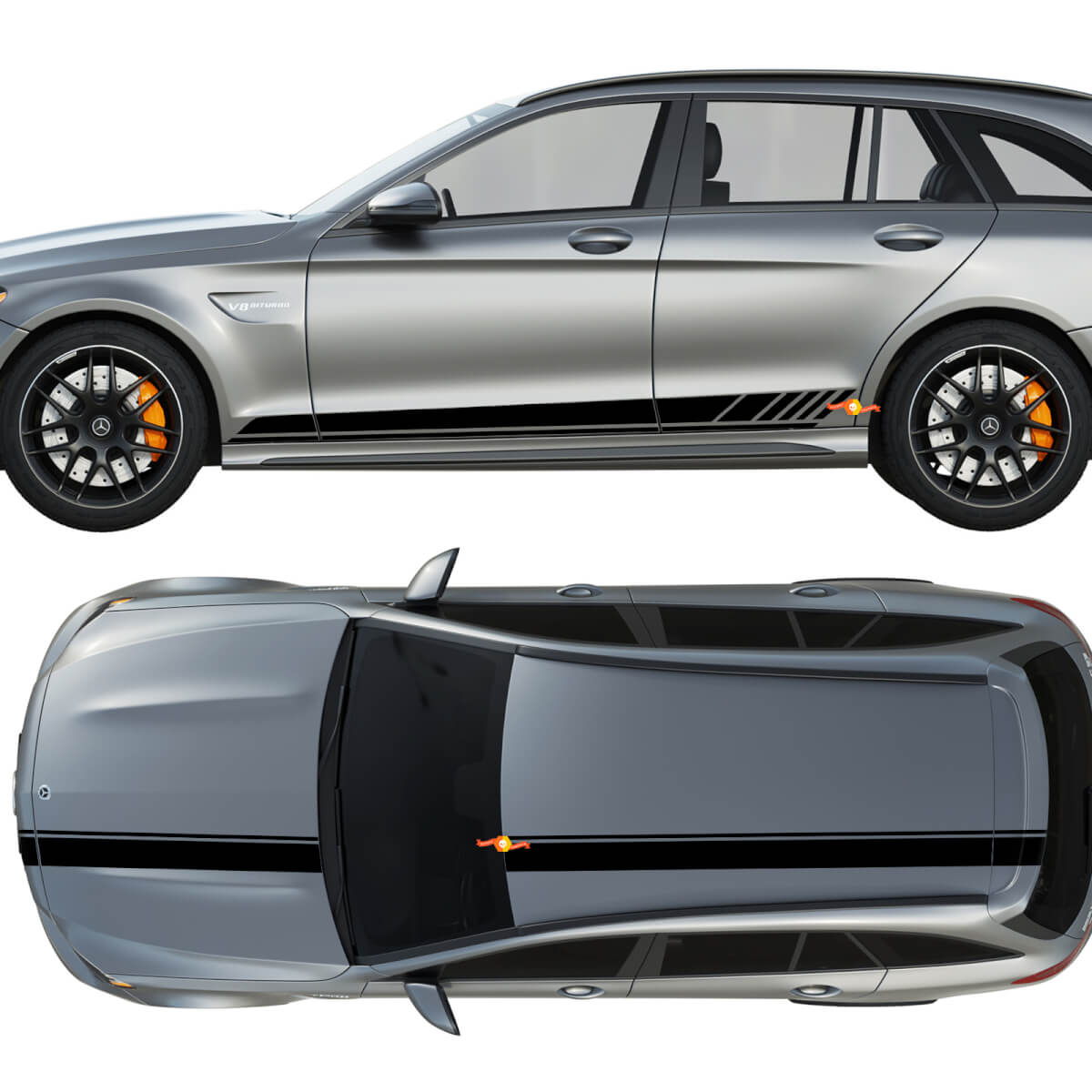 Pacchetto AMG Edition 1 Strisce laterali e sul cofano, sul tetto e sul baule Kit adesivi in vinile per Mercedes C63
