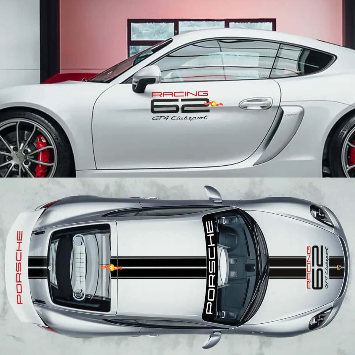 Decalcomanie adesive per fiancata, cofano, tetto e parabrezza per Porsche 718 Cayman GT4 Clubsport Racing.

