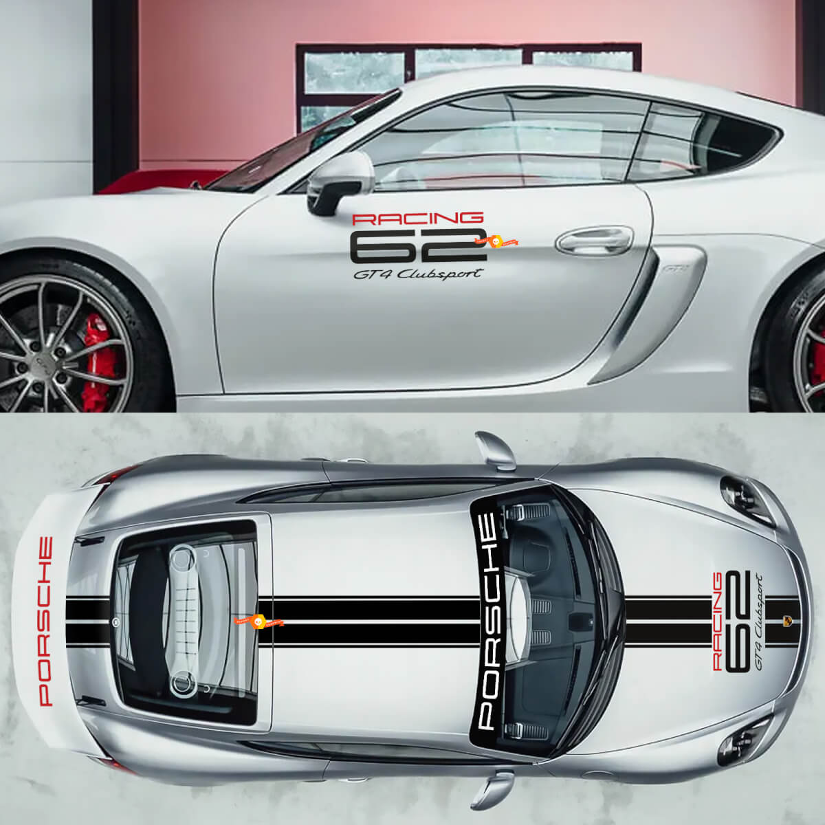 Decalcomanie adesive per fiancate, cofano, tetto e parabrezza per Porsche 718 Cayman GT4 Clubsport Racing.
