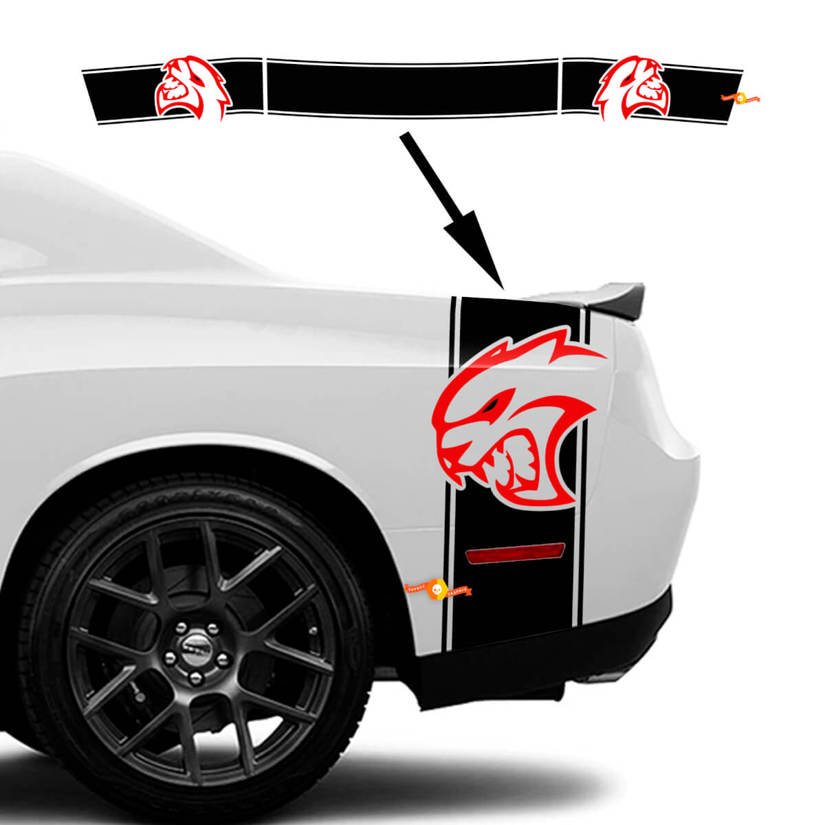 Banda laterale e posteriore Adesivo grafico HELLCAT Rosso per Dodge Challenger

