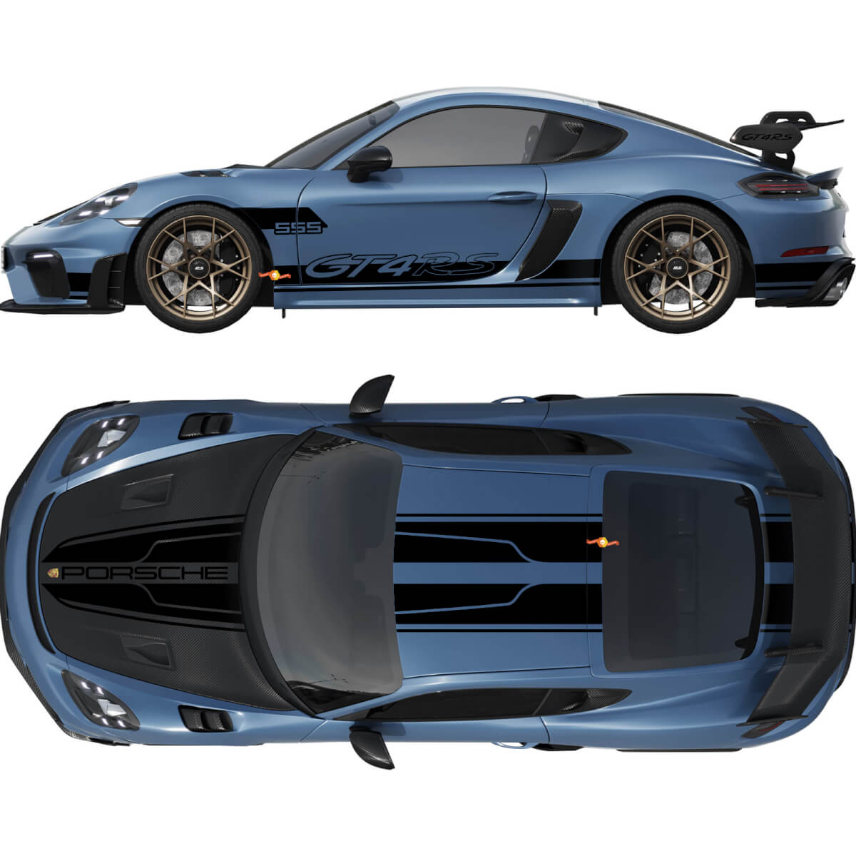 Adesivo a strisce doppie per cofano, tetto, posteriore e laterali per Porsche Cayman 718 GT4RS
