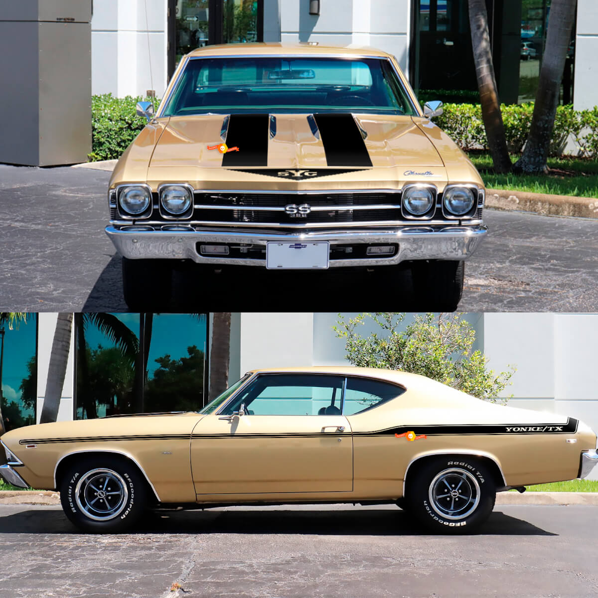 Kit adesivi YONKE-TX per strisce laterali e cofano per Chevrolet Chevelle del 1969
