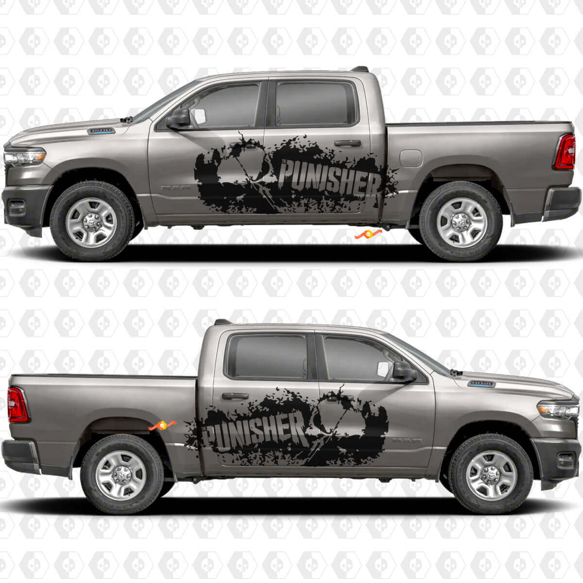 Adesivo Vinil Laterale con Schizzi di Fango Teschio Punisher per Dodge Ram 1500