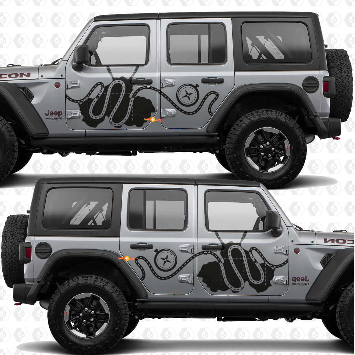 Adesivo in vinile con mappa Trail Pass, bussola, porte laterali e strisce, compatibile con Jeep Wrangler