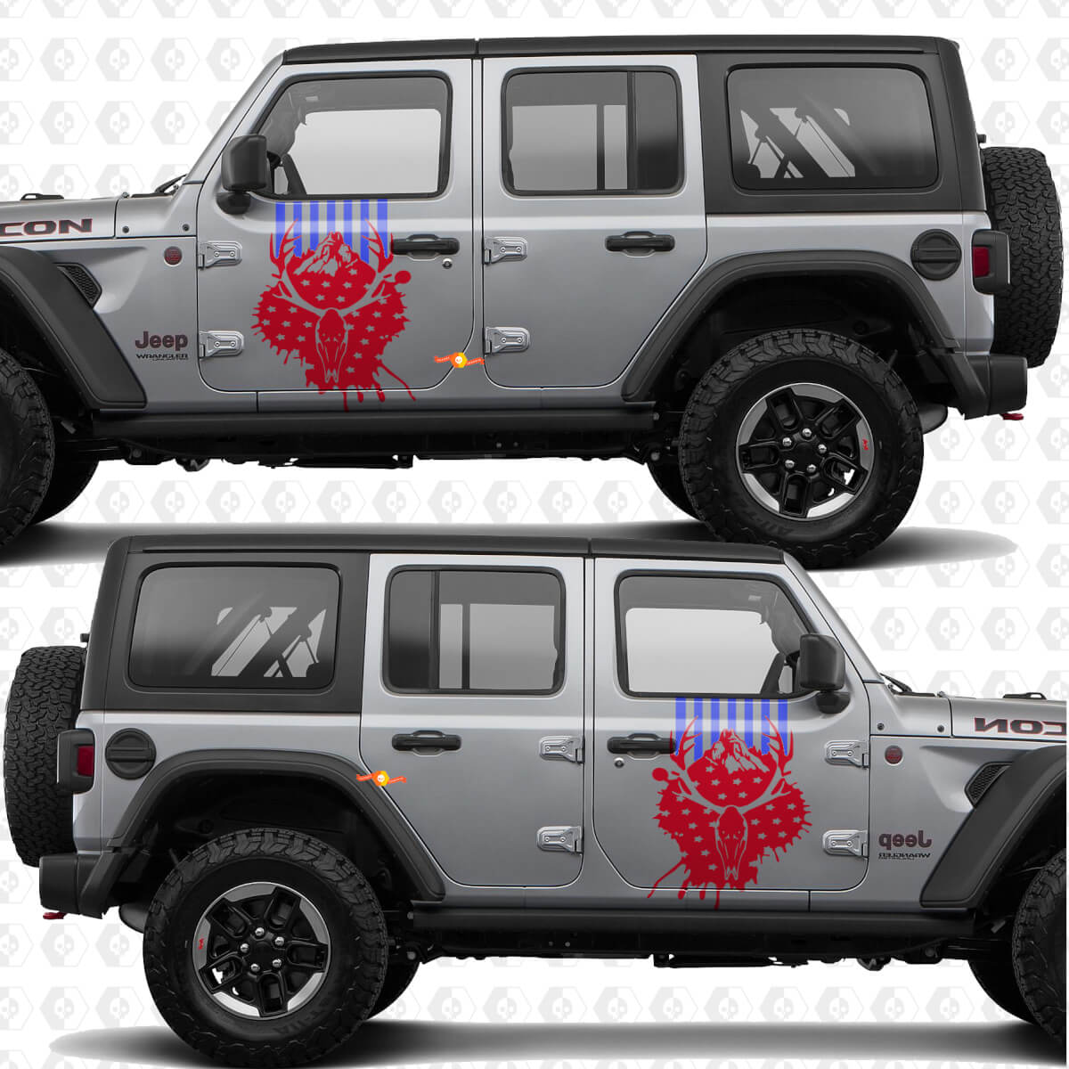 Adesivo in vinile a strisce con teschio di cervo e bandiera USA per porte laterali, compatibile con Jeep Wrangler