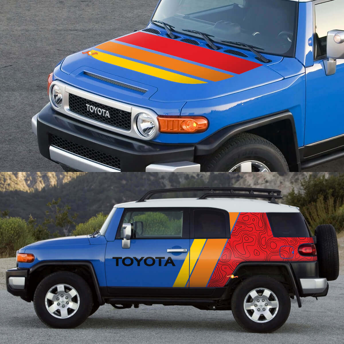 Cofano e Porte Laterali Adesivo Mappa Topografica Vintage Retrò Montagne Wrapping SUV per Toyota FJ Cruiser