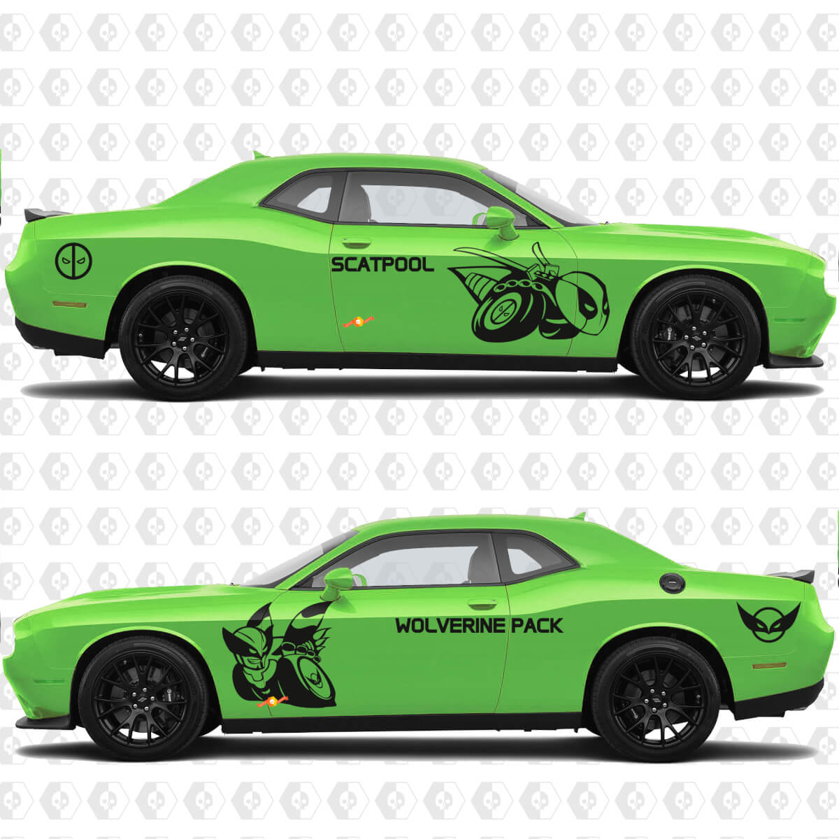 Adesivo Vinilico Grafico Laterale Personalizzato Scatpool o Wolverine Pack Bee per Dodge Challenger