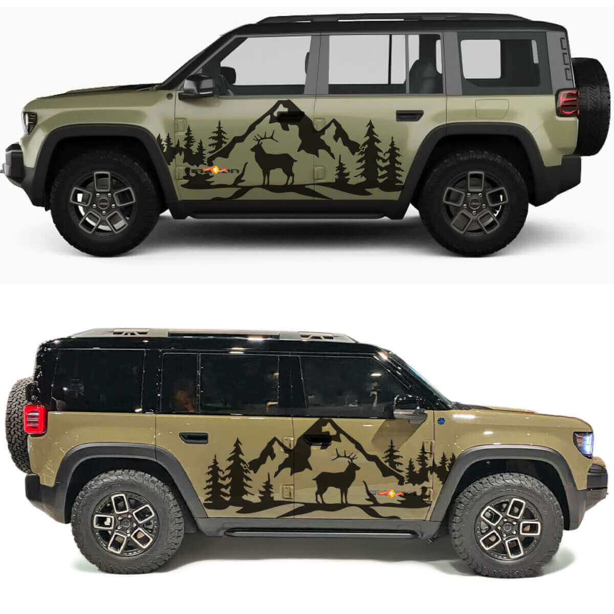 Vinile Adesivo per Porte Laterali con Montagne e Alberi di Cervo per Jeep Recon