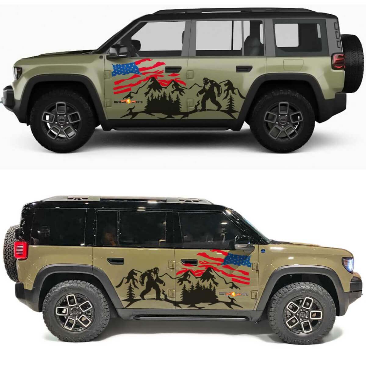Adesivo in Vinile con Bandiera USA Logorata e Montagne per Portiere Laterali Jeep Recon Bigfoot
