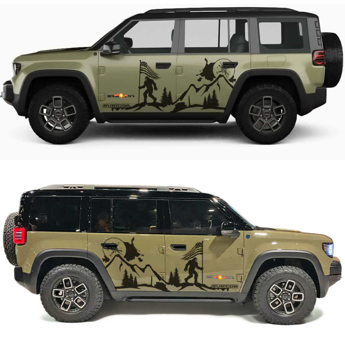 Adesivo in vinile per portiere laterali Jeep Recon Bigfoot con bandiera USA consumata, montagne e bussola Rubicon