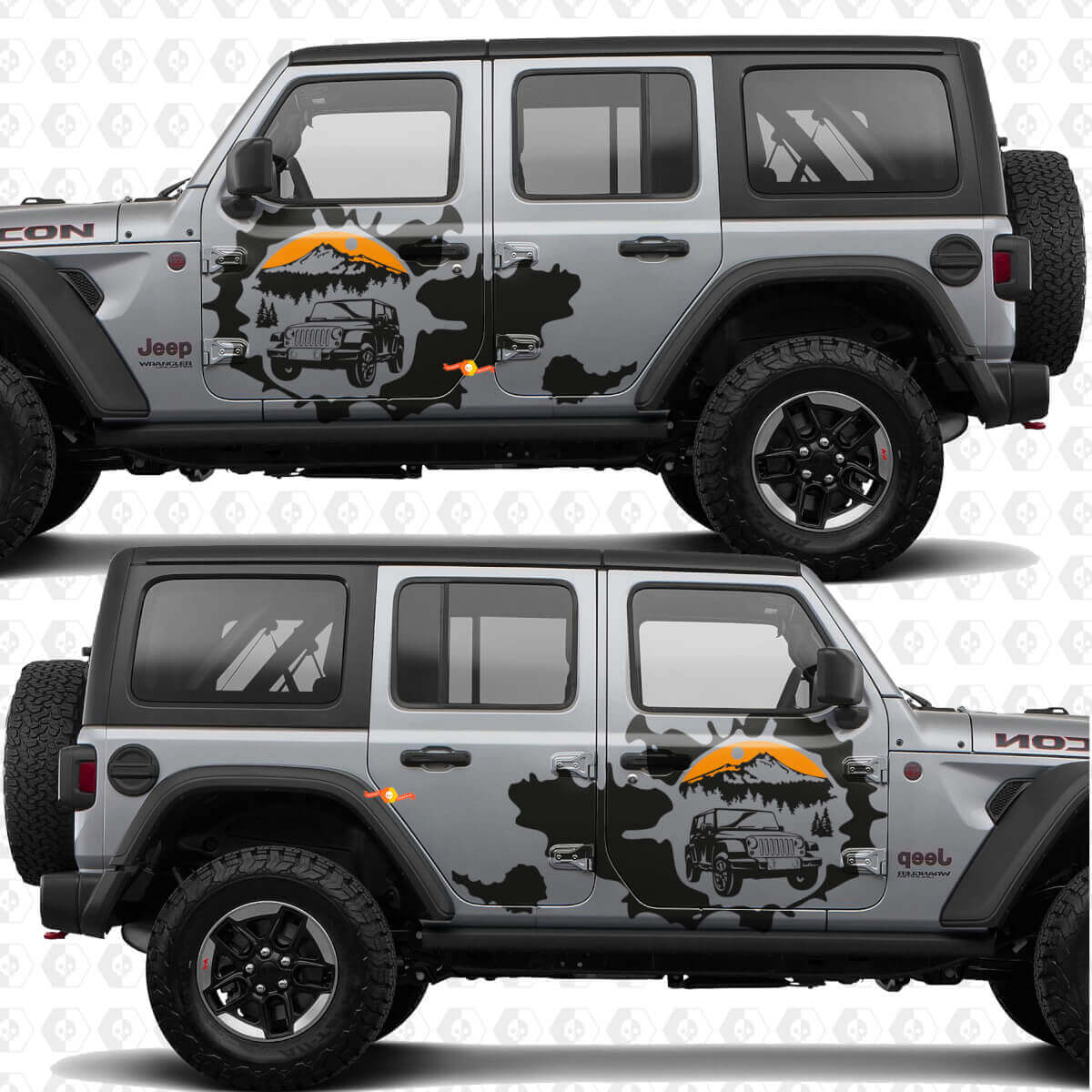 Overland Mountains Tramonto Splash Adesivo in vinile per porte laterali adatto a Jeep Wrangler