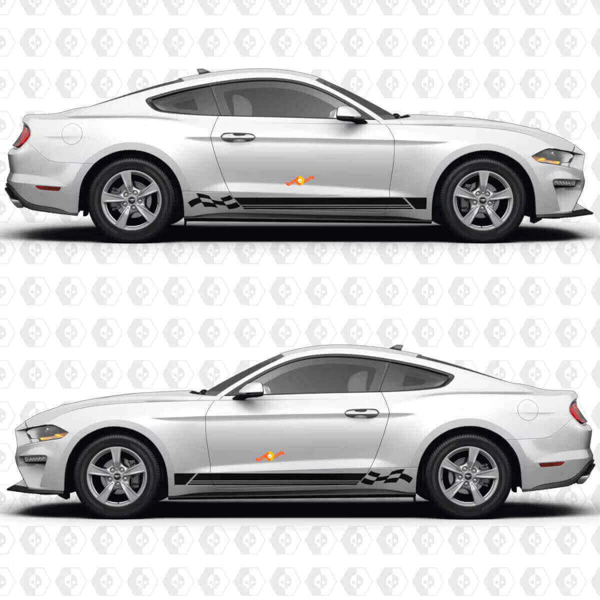 Adesivo Vinile Laterale con Bandiera a Scacchi e Triple Strisce per Ford Mustang