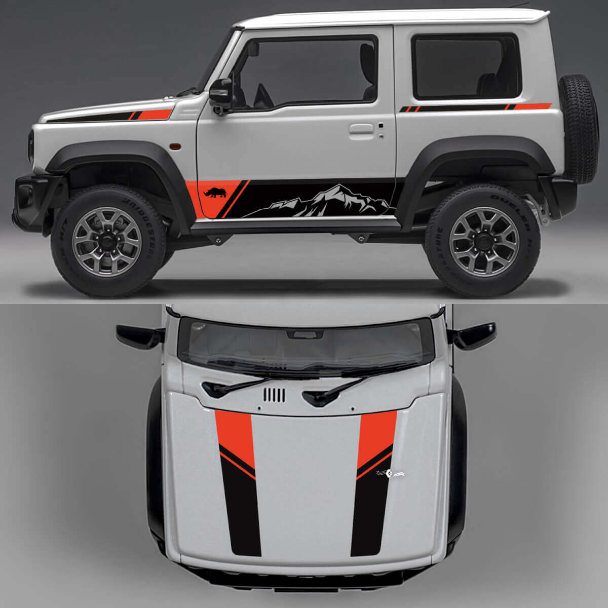 Decalcomanie in Vinile con Grafiche Astratte di Montagne e Linee per Porte Laterali e Cofano Suzuki Jimny Rhino Edition