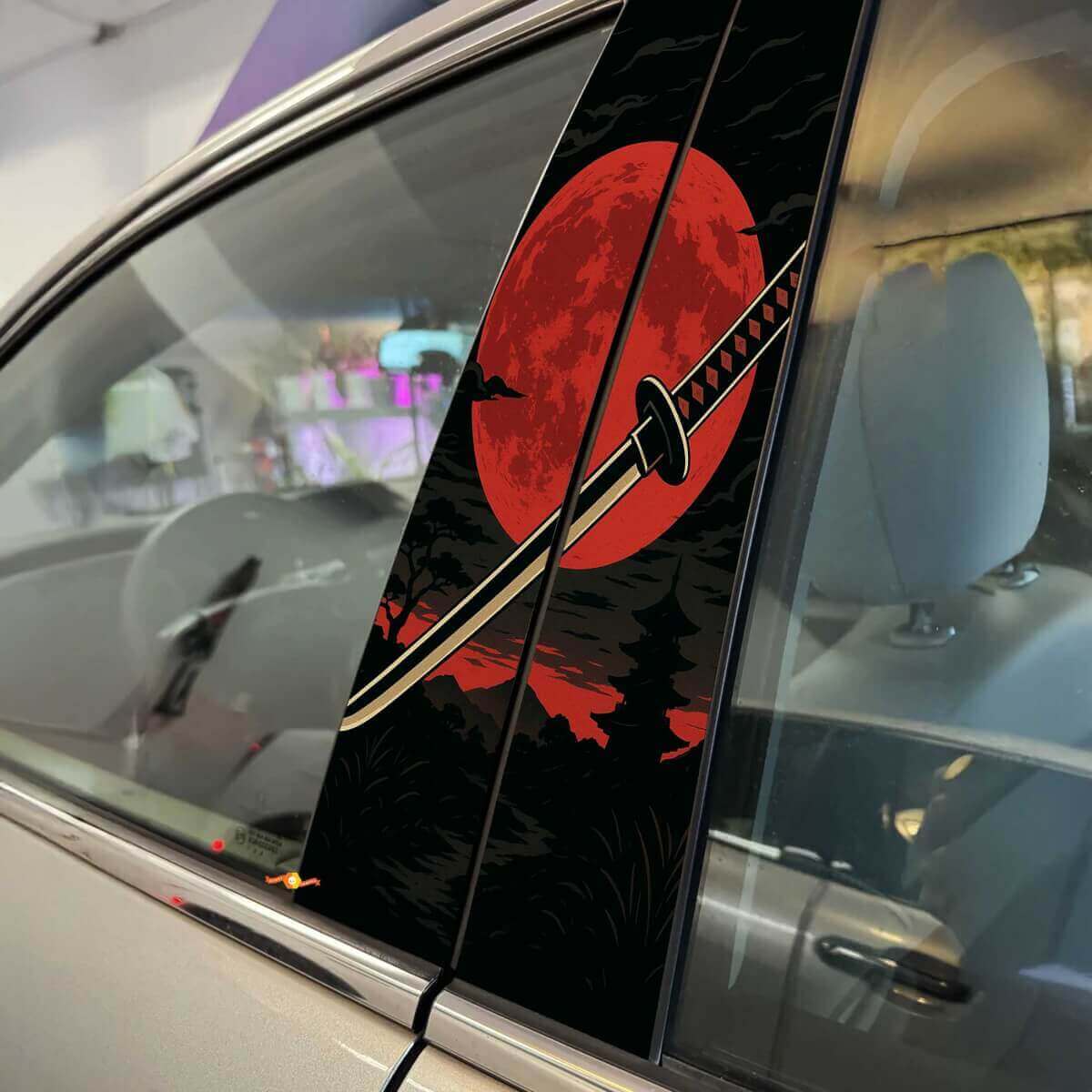 Kit di adesivi in vinile per montante portiera auto Katana Red Moon giapponese