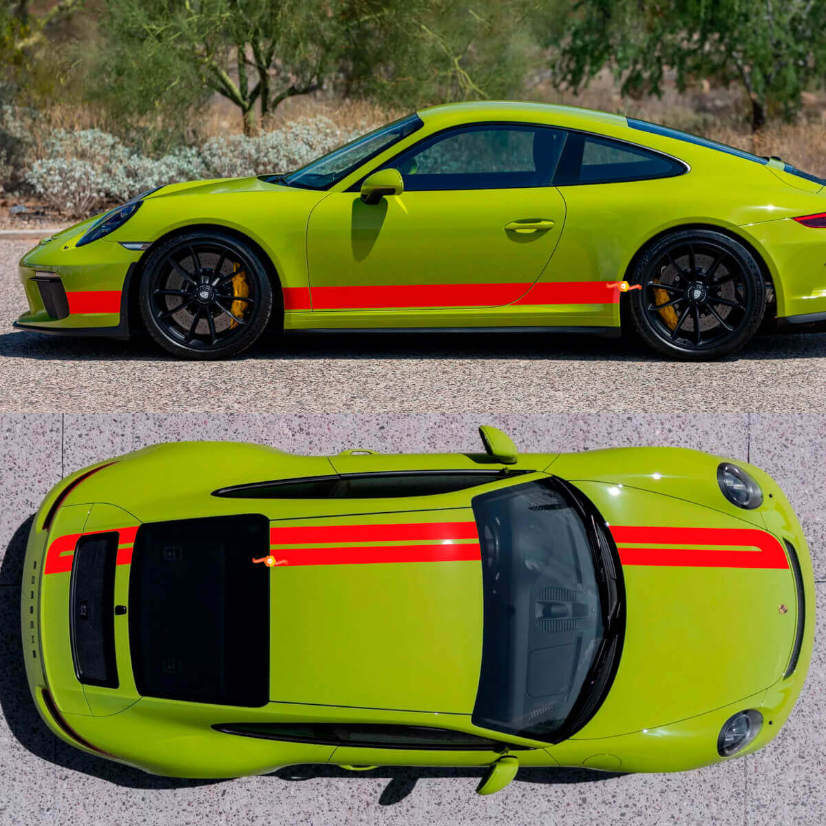 Kit di adesivi in vinile con doppie strisce da corsa laterali, cofano, tetto e baule per Porsche 718 Cayman Boxster