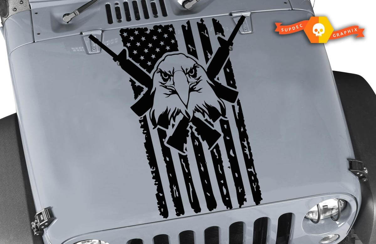 Adesivo in Vinile per Cofano con Aquila Calva su Bandiera USA usurata e Fucili Incrociati per Jeep Wrangler