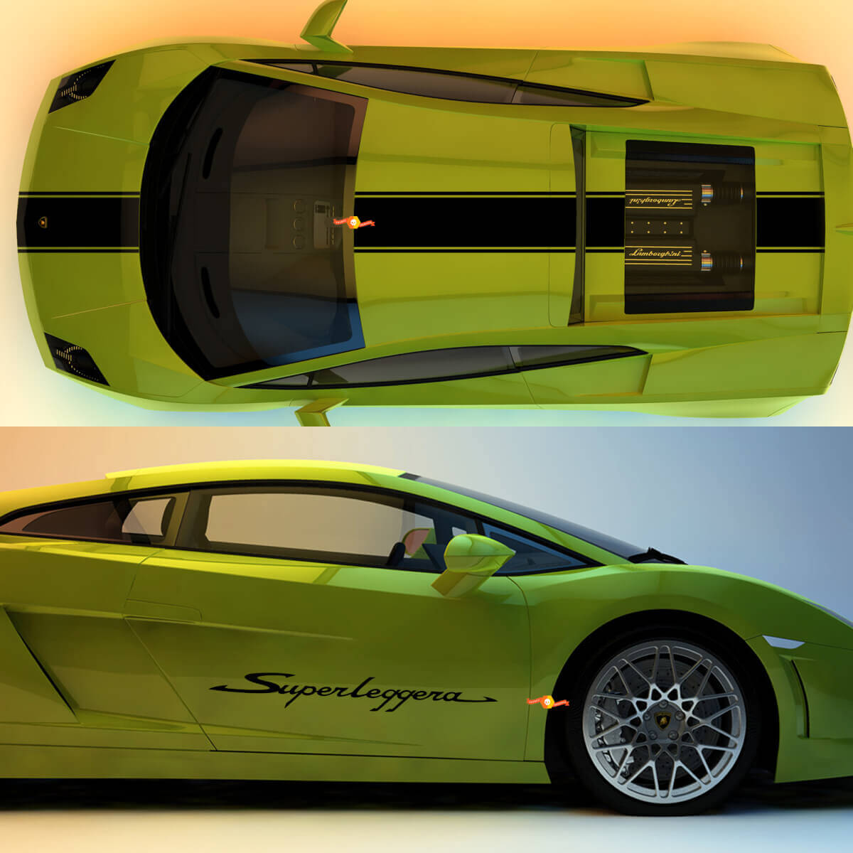 Kit di Adesivi in Vinile a Strisce da Gara per Cofano, Tetto, Bagagliaio e Laterali per Lamborgini Gallardo SL-2 2003-2013