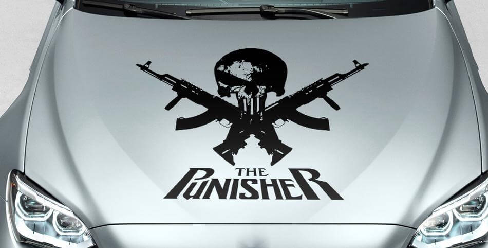 PUNISHER teschio e parole PISTOLA adesivo decalcomania in vinile lato cappuccio per suv pista auto