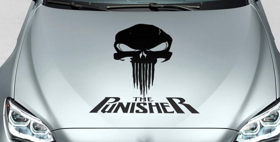 adesivo in vinile laterale per cappuccio con teschio PUNISHER e scritte in sangue per auto da pista SUV
