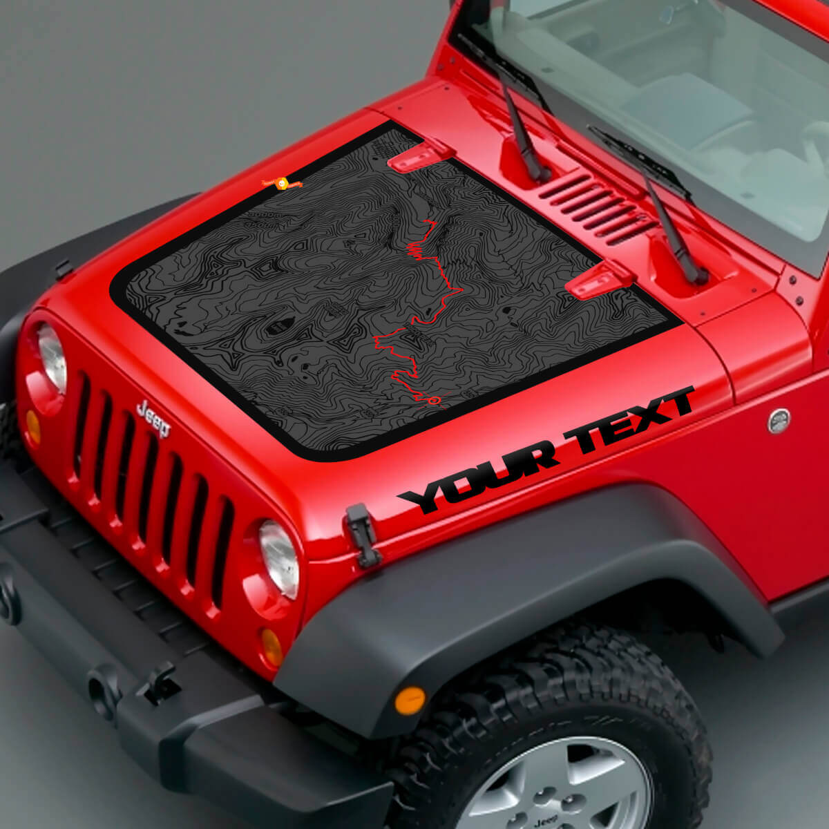 Adesivo in Vinile per Cofano con Mappa Topografica e Testo Personalizzato per Jeep Wrangler