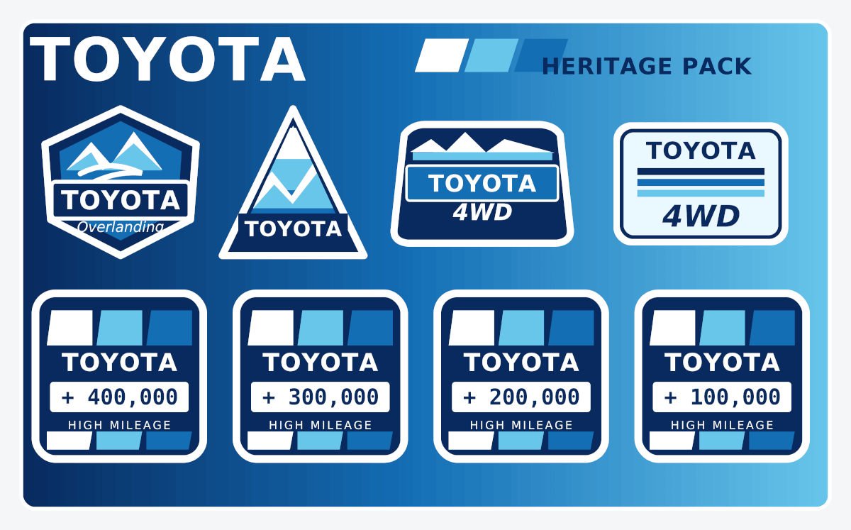 Toyota High Mileage Heritage Blu Luce Azzurra Chiaro Blu Bianco Adesivi Retro Set Decalcomanie Grafiche