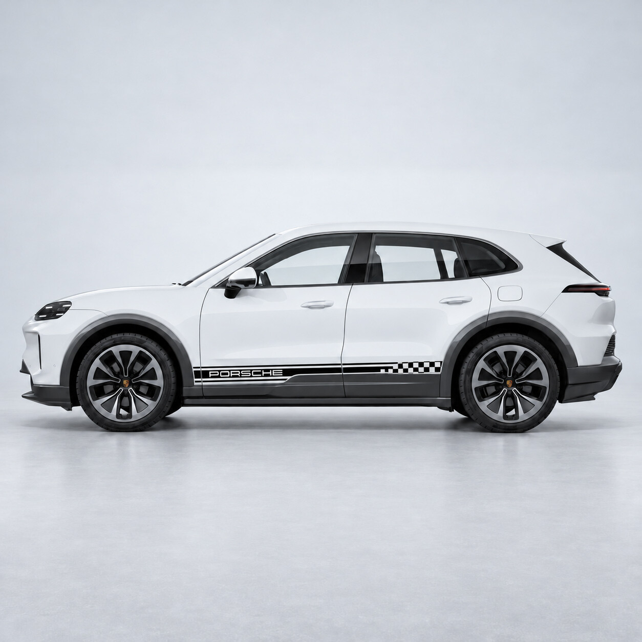 Adesivo Vinile Laterale a Righe a Scacchi Marchiato per Porsche Cayenne Elettrica