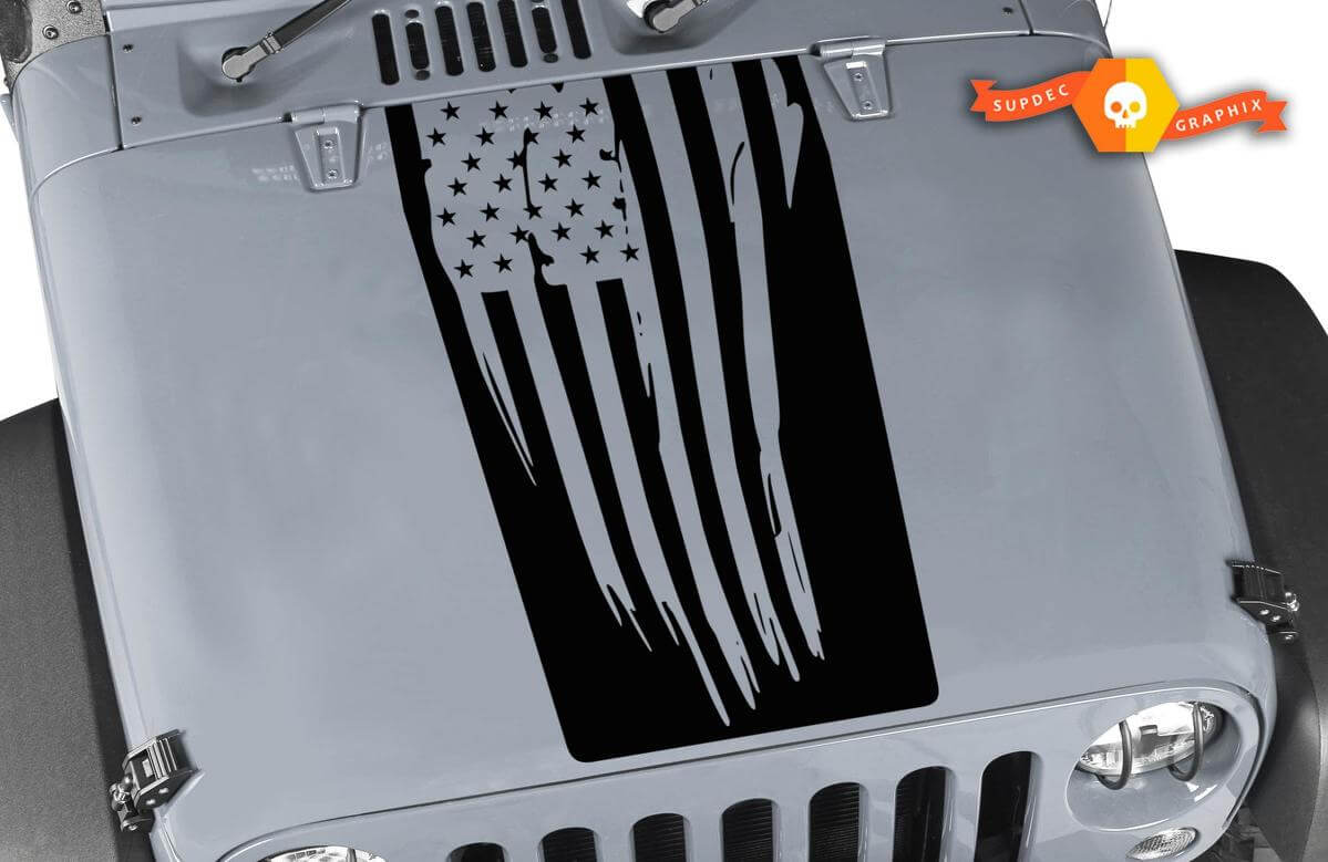 Adesivo in Vinile Nero Opaco con Bandiera USA Stropicciata per Cofano Jeep Wrangler JK LJ TJ