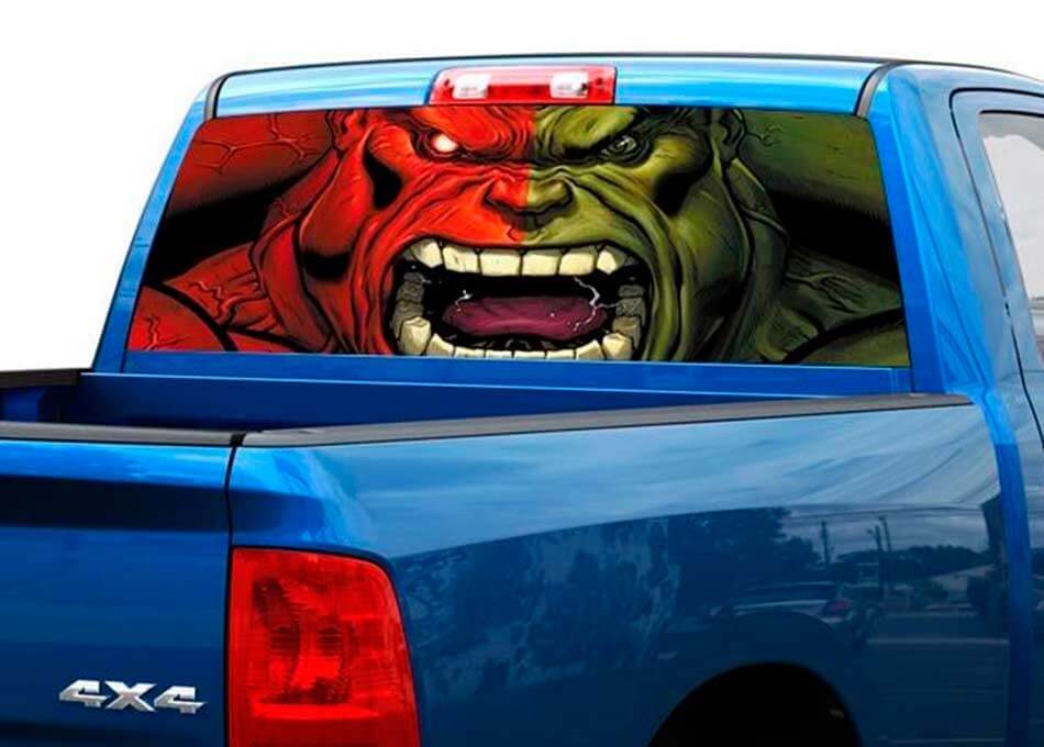 Adesivo in vinile per finestrino posteriore Monster stile Hulk rosso verde per pickup e SUV