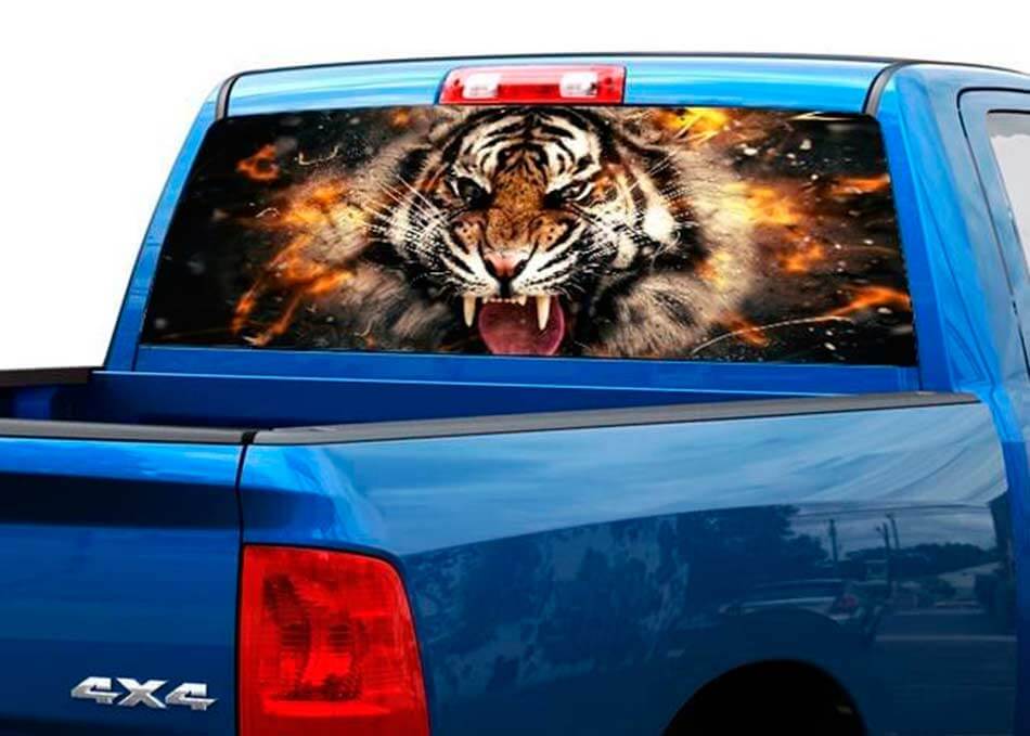 Adesivo in Vinile Forato Flaming Tiger per Finestrino Posteriore di Camion e SUV