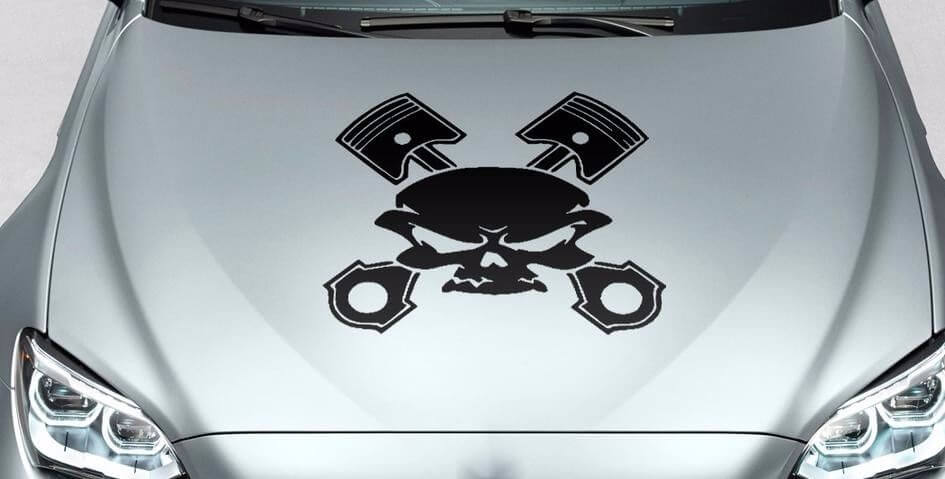 Adesivo decalcomania in vinile con cappuccio Skull Piston Crossbones per pista auto wrangler fj ecc