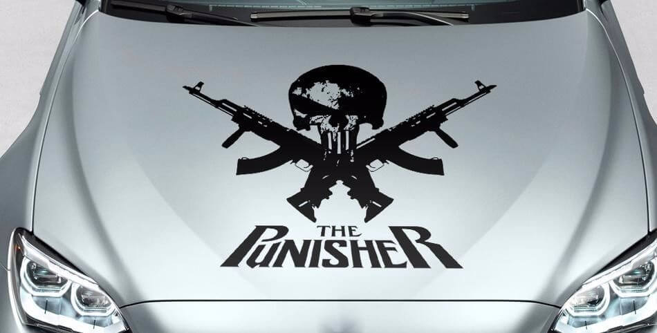 Adesivo in Vinile Cofano Teschio Punisher Con Pistole Incrociate per Auto