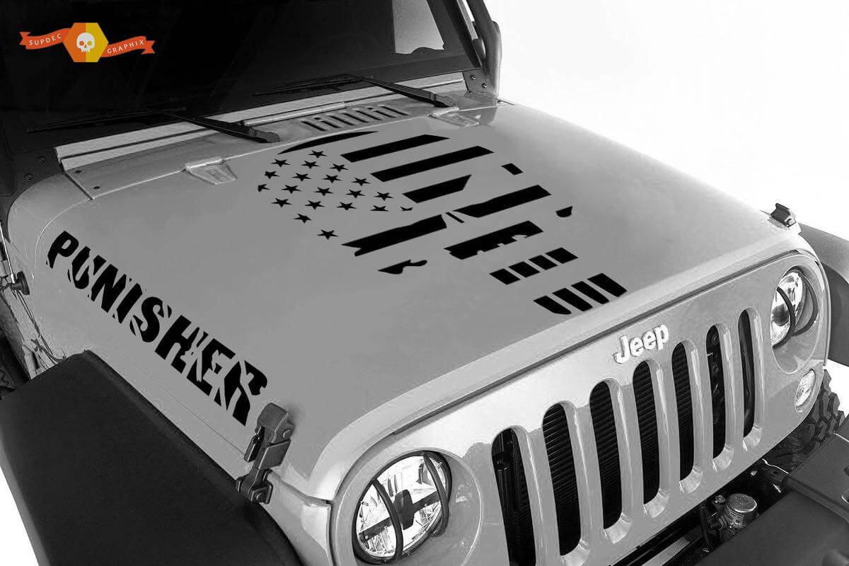 Set di Adesivi in Vinile per Cofano con Teschio Punisher Stile Bandiera Americana per Jeep Wrangler