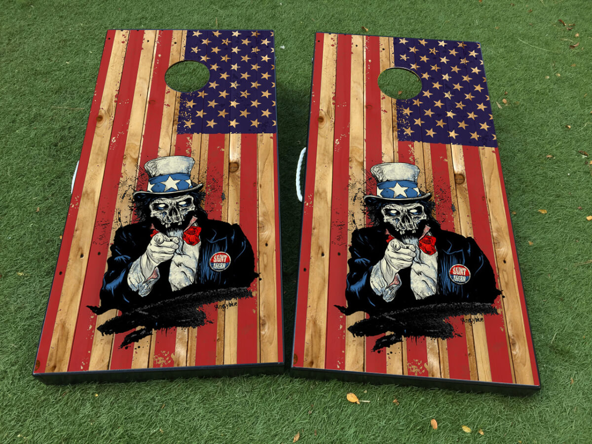 Set Adesivi in Vinile per Tavolo Cornhole con Bandiera Americana e Scheletro di Zio Sam