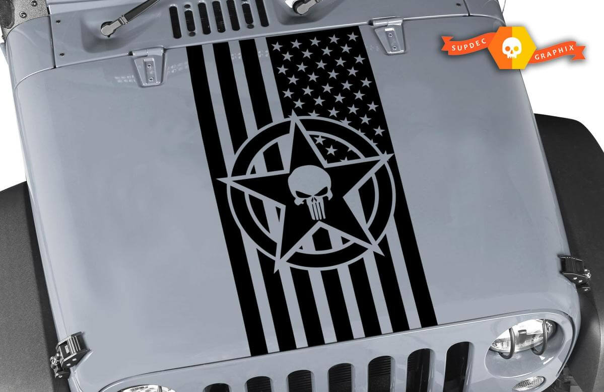 Adesivo in vinile con bandiera americana, stella e teschio per cofano Wrangler