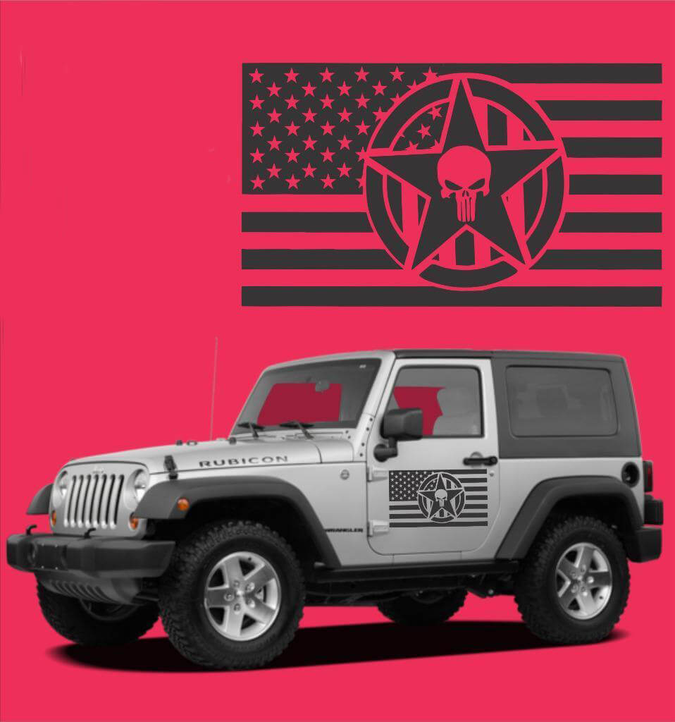 Set di adesivi in vinile con teschio Punisher, stella e bandiera USA per porta Jeep Wrangler