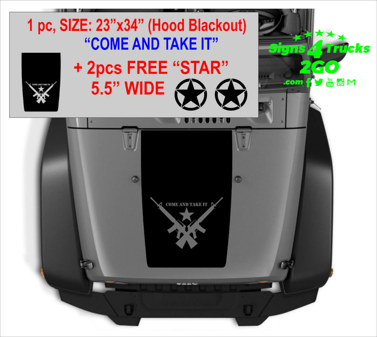 Set Adesivi Blackout Cofano "Come and Take It" con Adesivi a Stella per Jeep Wrangler JK