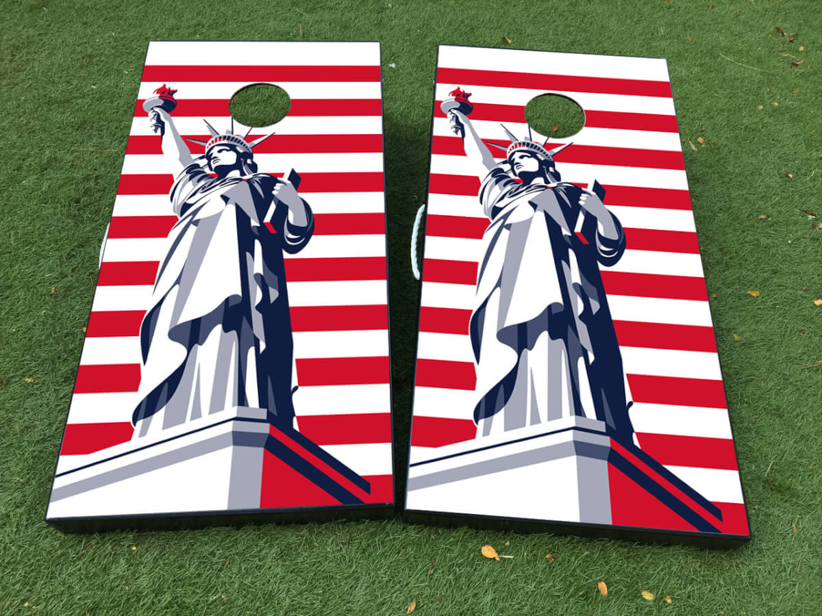 Set di Adesivi Wrap per Tavolo Cornhole con Bandiera Americana e Statua della Libertà