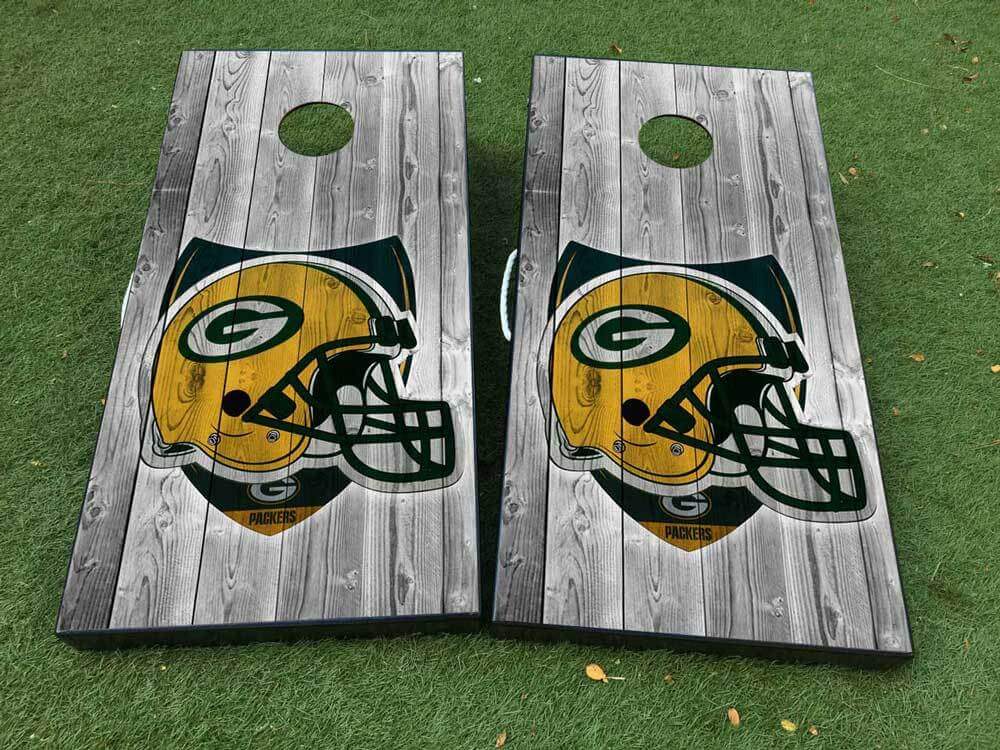 Set di adesivi in vinile per il rivestimento di tavola Cornhole con casco da football Green Bay