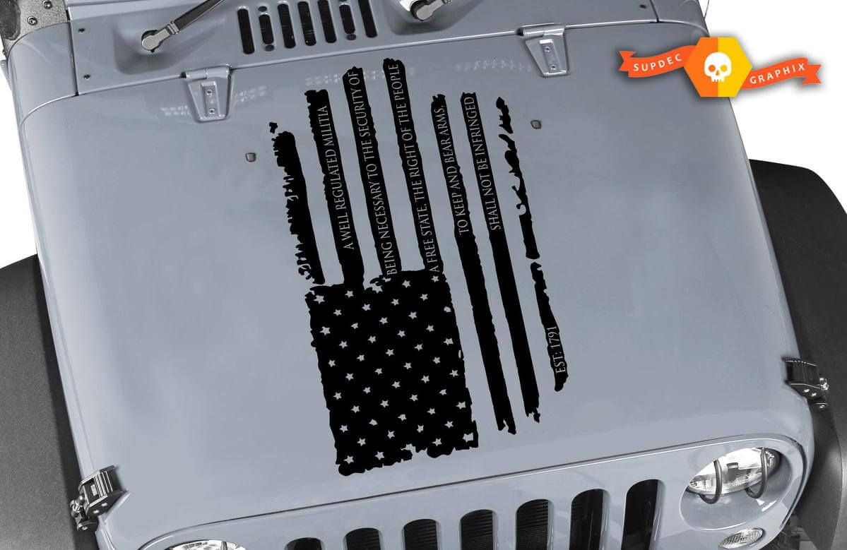 Adesivo in vinile con cappuccio della bandiera americana consumata del Secondo Emendamento per Jeep Wrangler