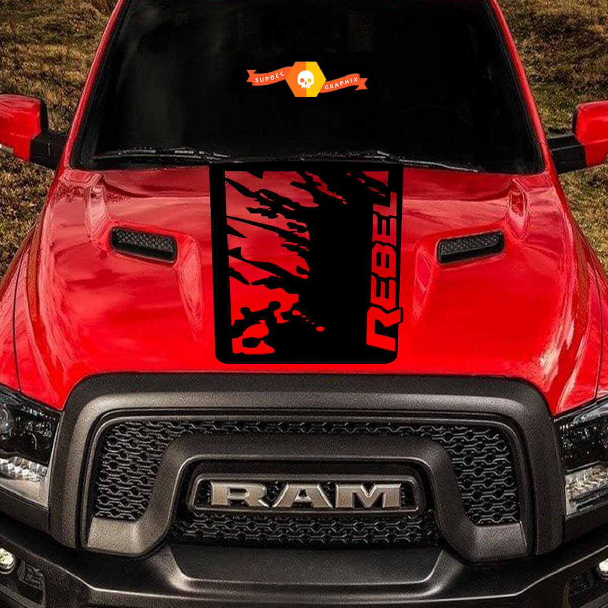Adesivo in vinile a spruzzo grunge per cofano Dodge Ram Rebel 2015-2017