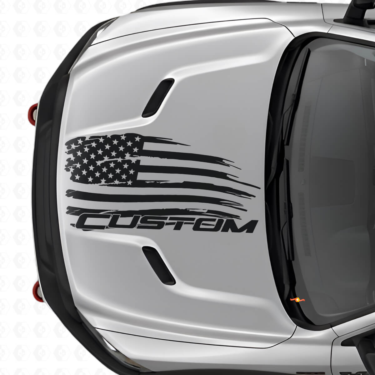 Adesivo in vinile per cofano con bandiera americana invecchiata e scritte per Dodge Ram
