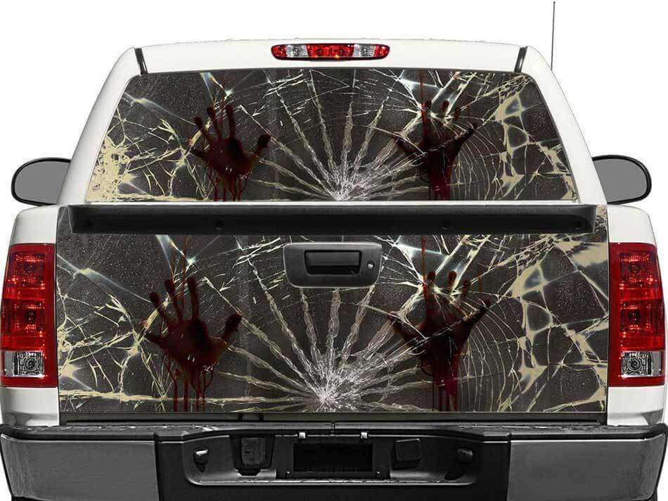 Adesivo per vetro posteriore o portellone con mani zombie e vetro rotto per camion e SUV