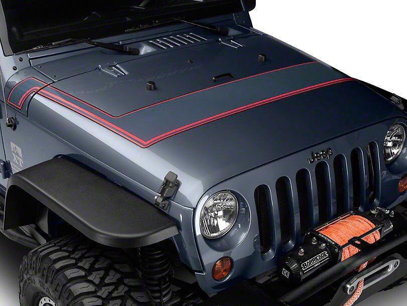 Strisce del cappuccio gessate stile retrò - grigio e rosso per modelli Jeep Wrangler JK 2007-2018