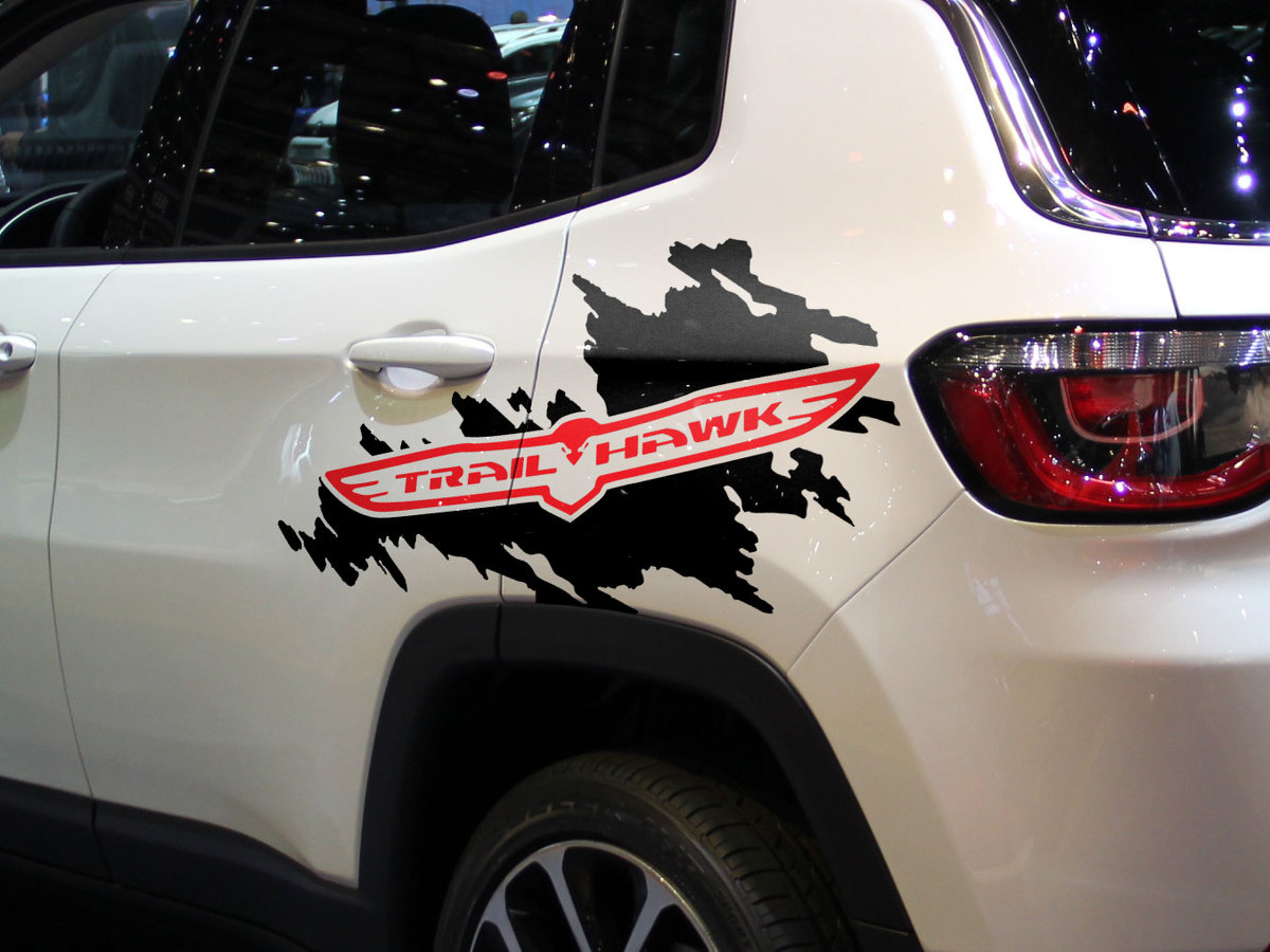 Jeep Renegade Cherokee Trail Hawk Side Splash Splatter Logo grafico adesivo in vinile 2 colori
