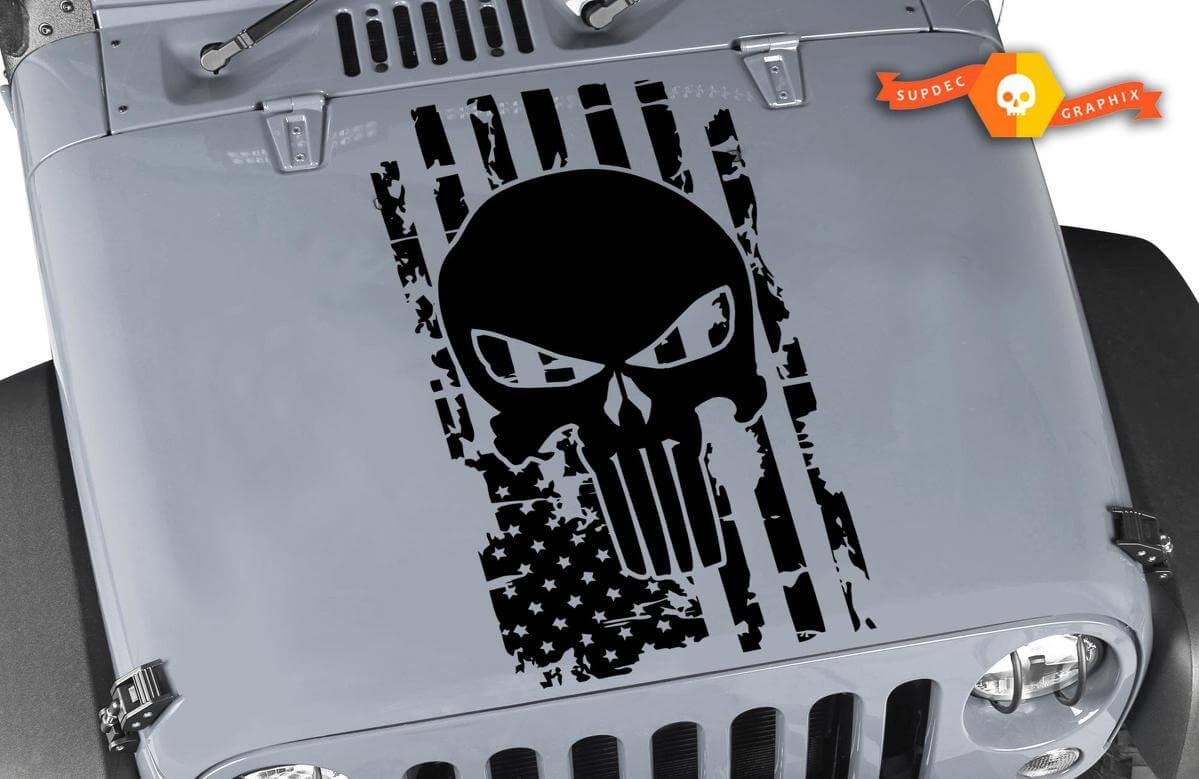 Adesivo in vinile con cappuccio Teschio Punisher Bandiera USA usurata per Jeep Wrangler