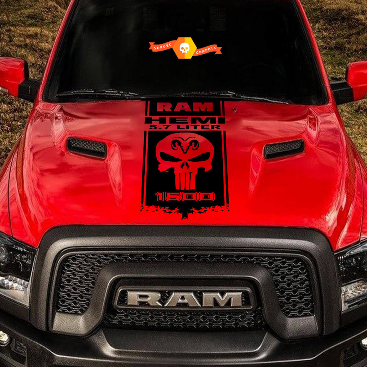 Adesivo in vinile per cofano con teschio in stile Punisher HEMI 5.7L per Dodge Ram 1500-3500
