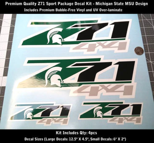 Kit decalcomanie adesive Z71 Pacchetto sportivo da 4 pezzi Michigan State MSU Premium UV 0183
